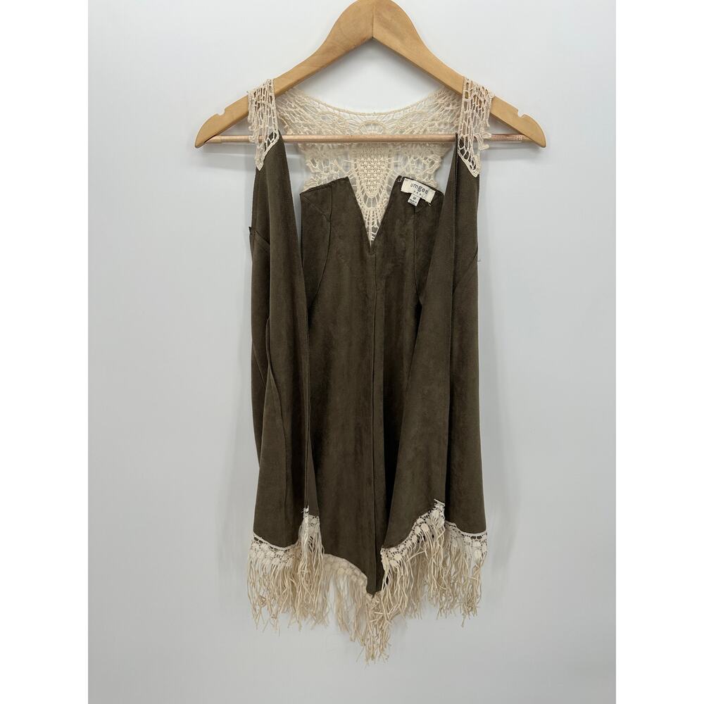 Umgee‎ Womens Vest Size Medium Green Fringe Crotchet Boho Festival Cardigan
